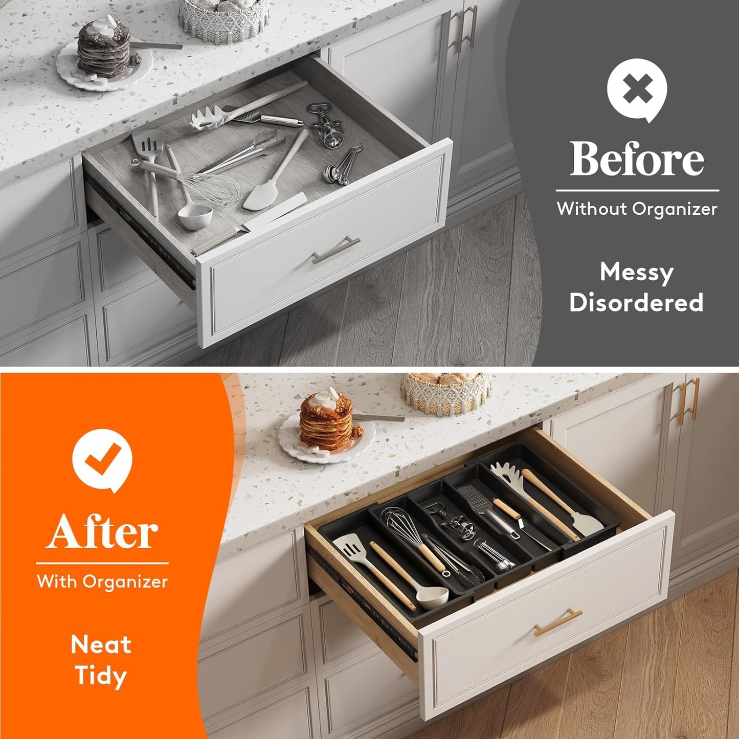 Cutlery Drawer Organiser,Expandable Large Cutlery Tray for Kitchen,Kitchen Storage & Organisation,Utensil Drawer Organiser, Plastic Kitchen Spatula Tools and Gadgets Storage Divider, Black