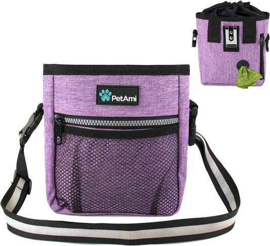 Dog Treat Pouch | Dog Training Pouch Bag with Waist Shoulder Strap, Poop Bag Dispenser and Collapsible Bowl | Treat Training Bag for Treats, Kibbles, Pet Toys | 3 Ways to Wear (Purple)