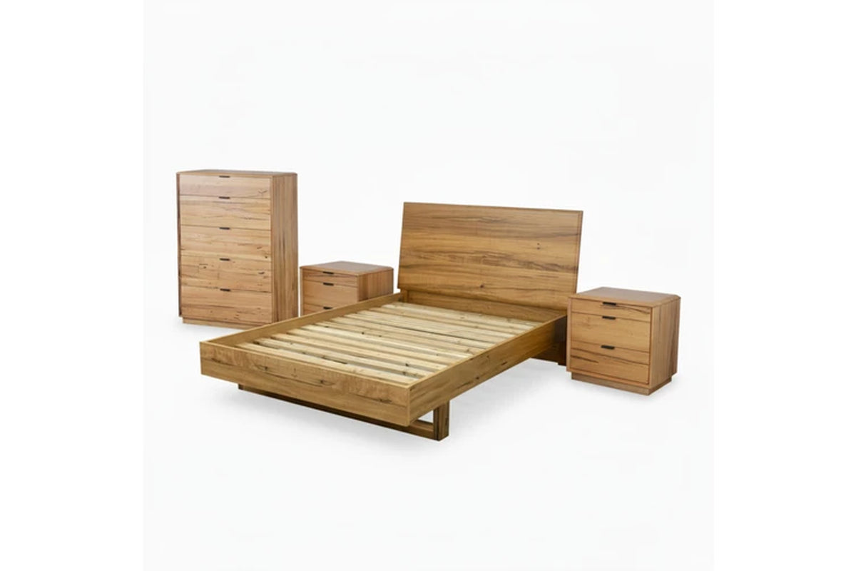 Japandi King Bed Frame Set Bedside Table Tallboy Natural Oak