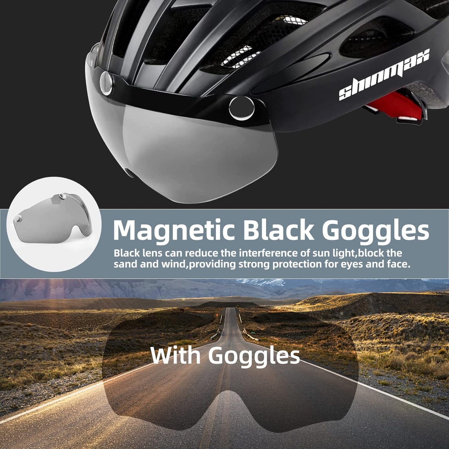 Bike Helmet, CPSC/CPC Certificated Bicycle Helmet with Detachable Magnetic Goggles&Led Back Light&Portable Backpack Cycling Helmet Adjustable Mountain Bike Helmet for Adult Men Women SM-T69