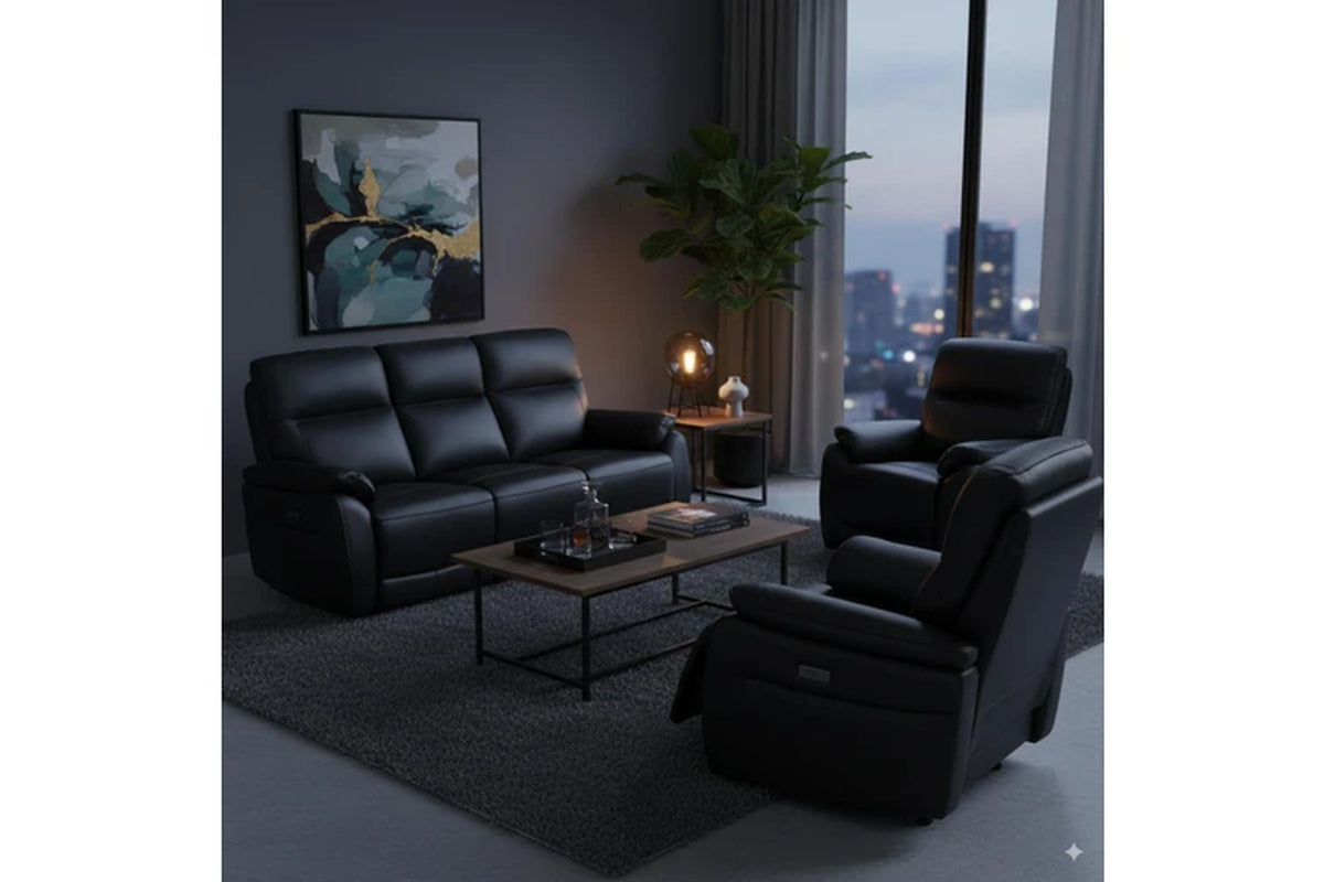 North Star 1+1+3 Seater Electric Power Genuine Leather Recliner Sofa Lounge Black