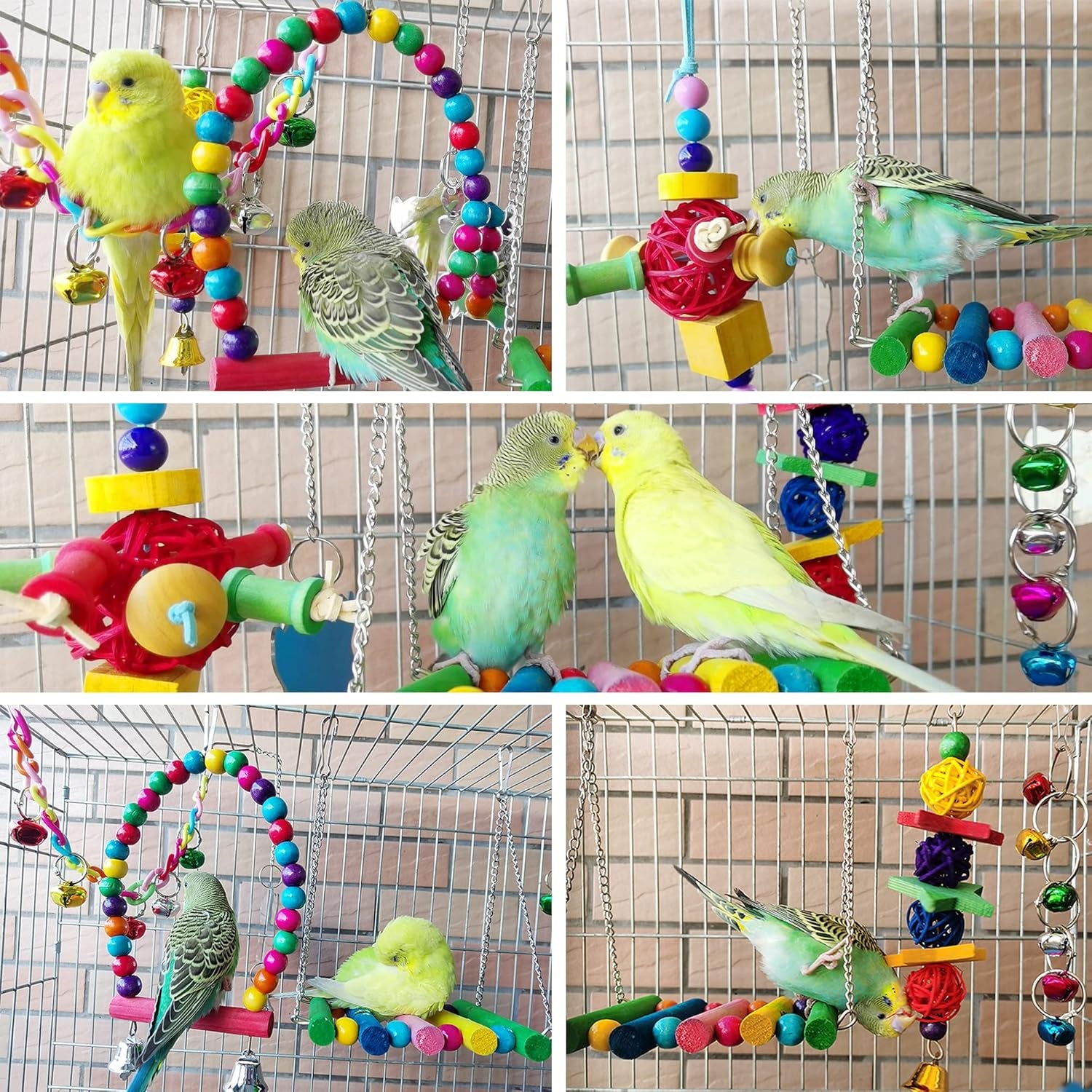 8 Pcs Bird Parrot Toys, Hanging Bell Pet Bird Cage Hammock Swing Toy Wooden Perch Chewing Toy for Large Parrots, Conures, Love Birds, Small Parakeets Cockatiels, Macaws, Finches