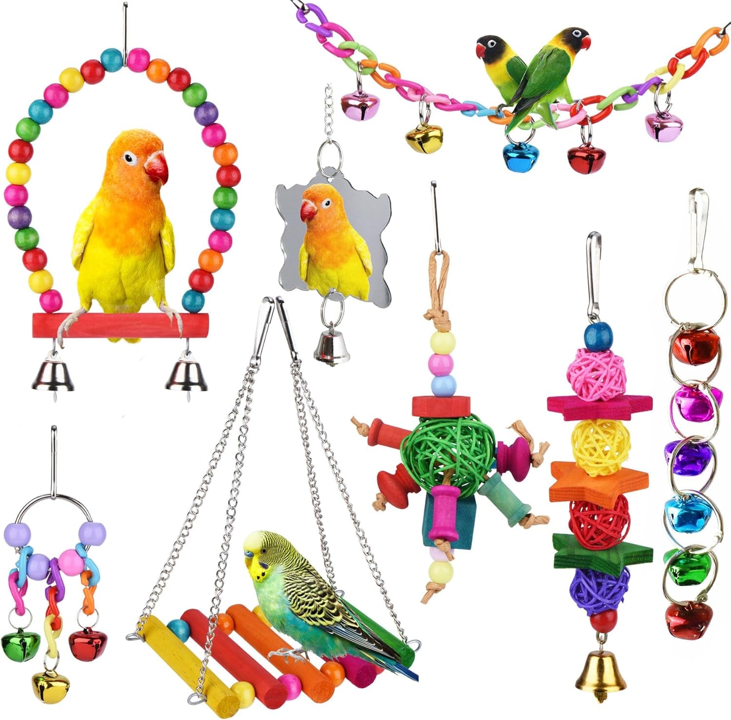 8 Pcs Bird Parrot Toys, Hanging Bell Pet Bird Cage Hammock Swing Toy Wooden Perch Chewing Toy for Large Parrots, Conures, Love Birds, Small Parakeets Cockatiels, Macaws, Finches