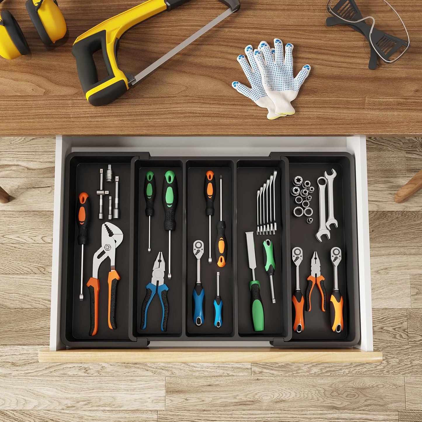 Cutlery Drawer Organiser,Expandable Large Cutlery Tray for Kitchen,Kitchen Storage & Organisation,Utensil Drawer Organiser, Plastic Kitchen Spatula Tools and Gadgets Storage Divider, Black