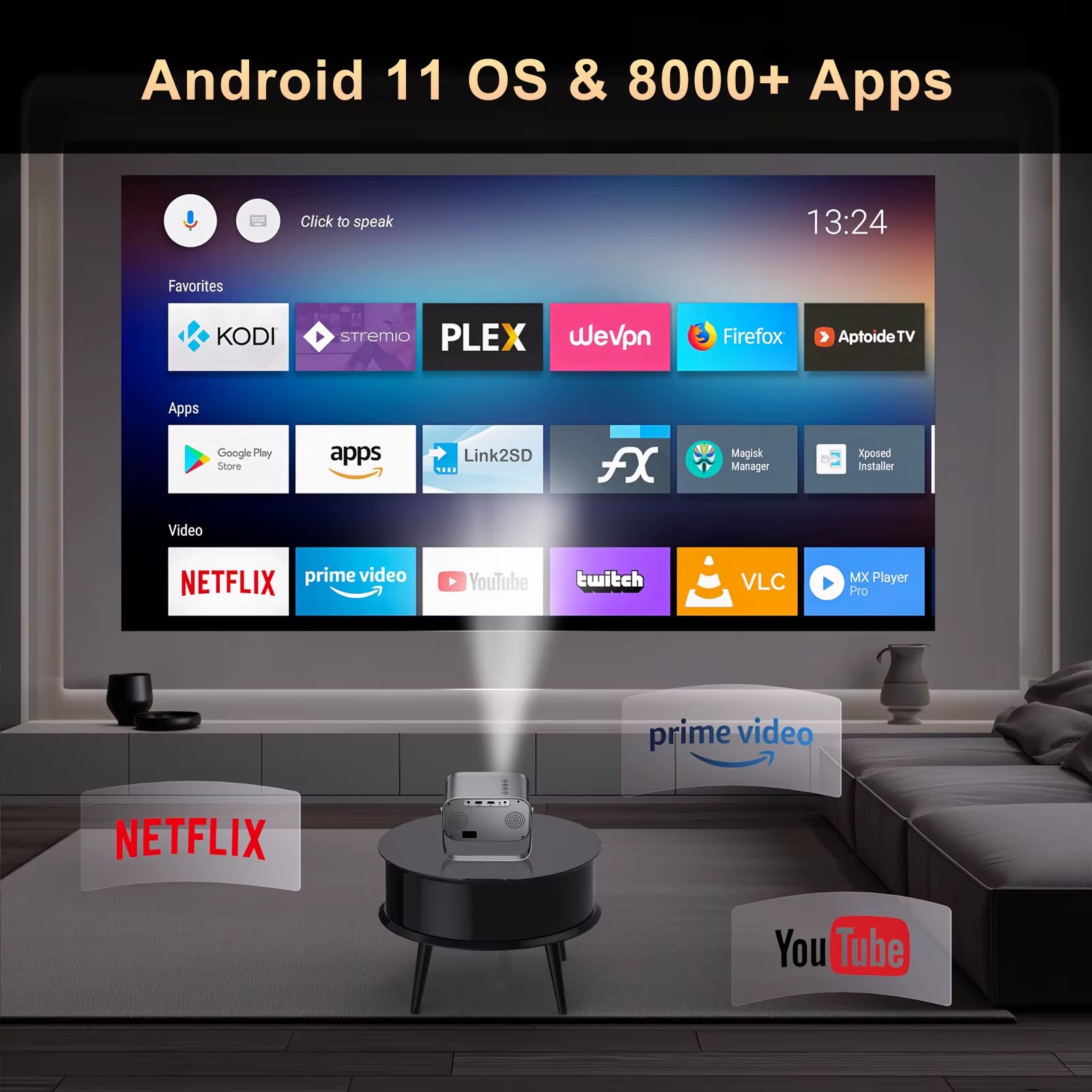 Projector P28B Mini Home Theater Android 11 Free-Style Placement Projection Support Samsung Xiaomi Iphone Smartphone