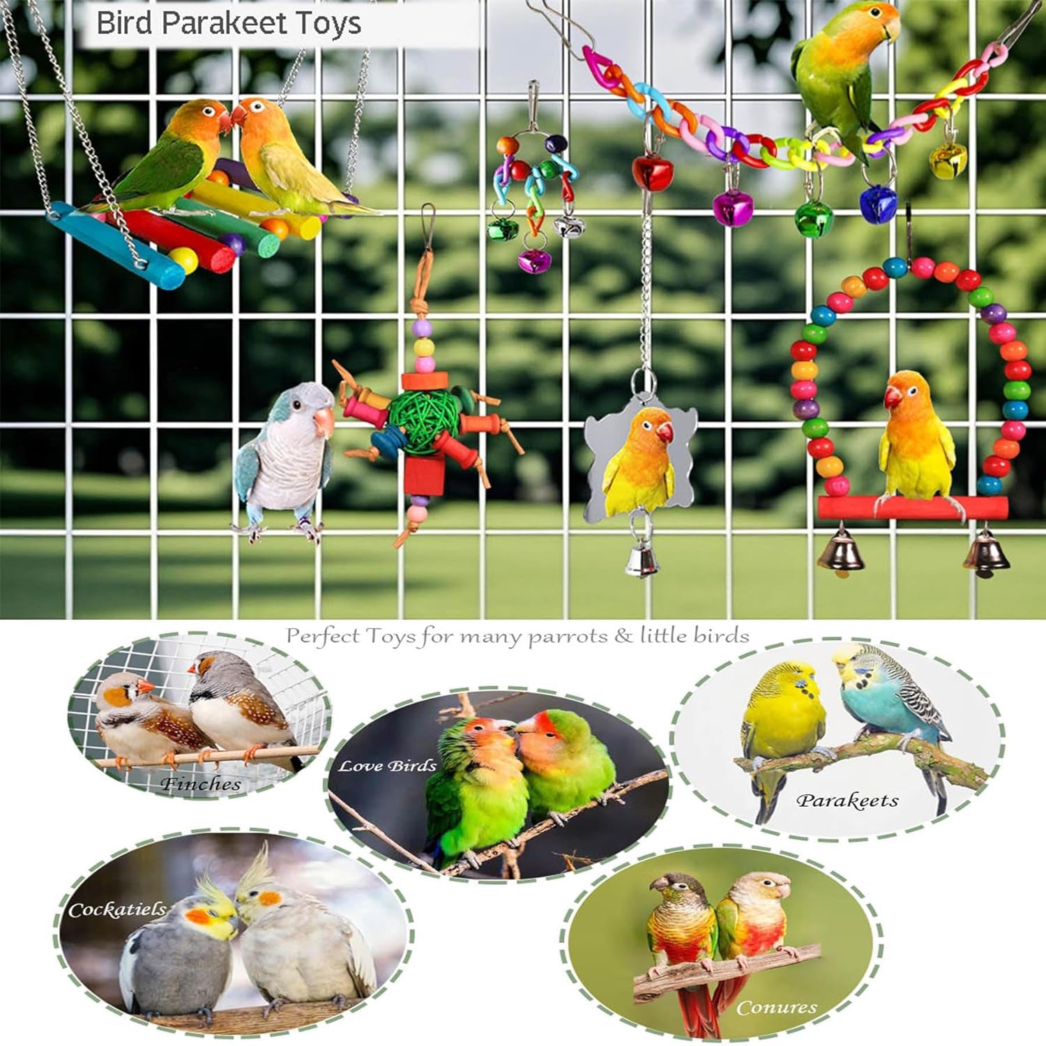 8 Pcs Bird Parrot Toys, Hanging Bell Pet Bird Cage Hammock Swing Toy Wooden Perch Chewing Toy for Large Parrots, Conures, Love Birds, Small Parakeets Cockatiels, Macaws, Finches