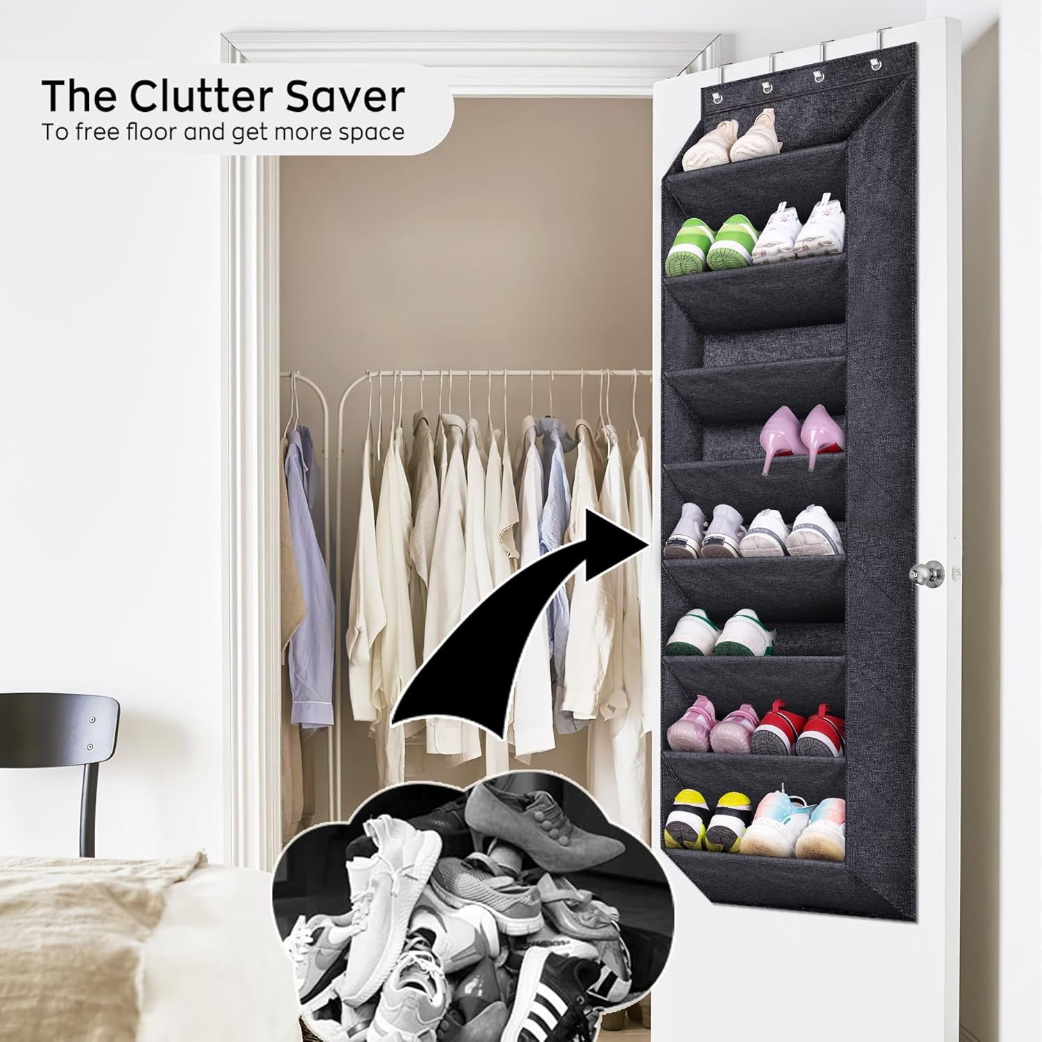 over the Door Shoe Organizer for Closet with Large Deep Pockets, Narrow Shoe Rack for Door Hanging Boots Storage, Black