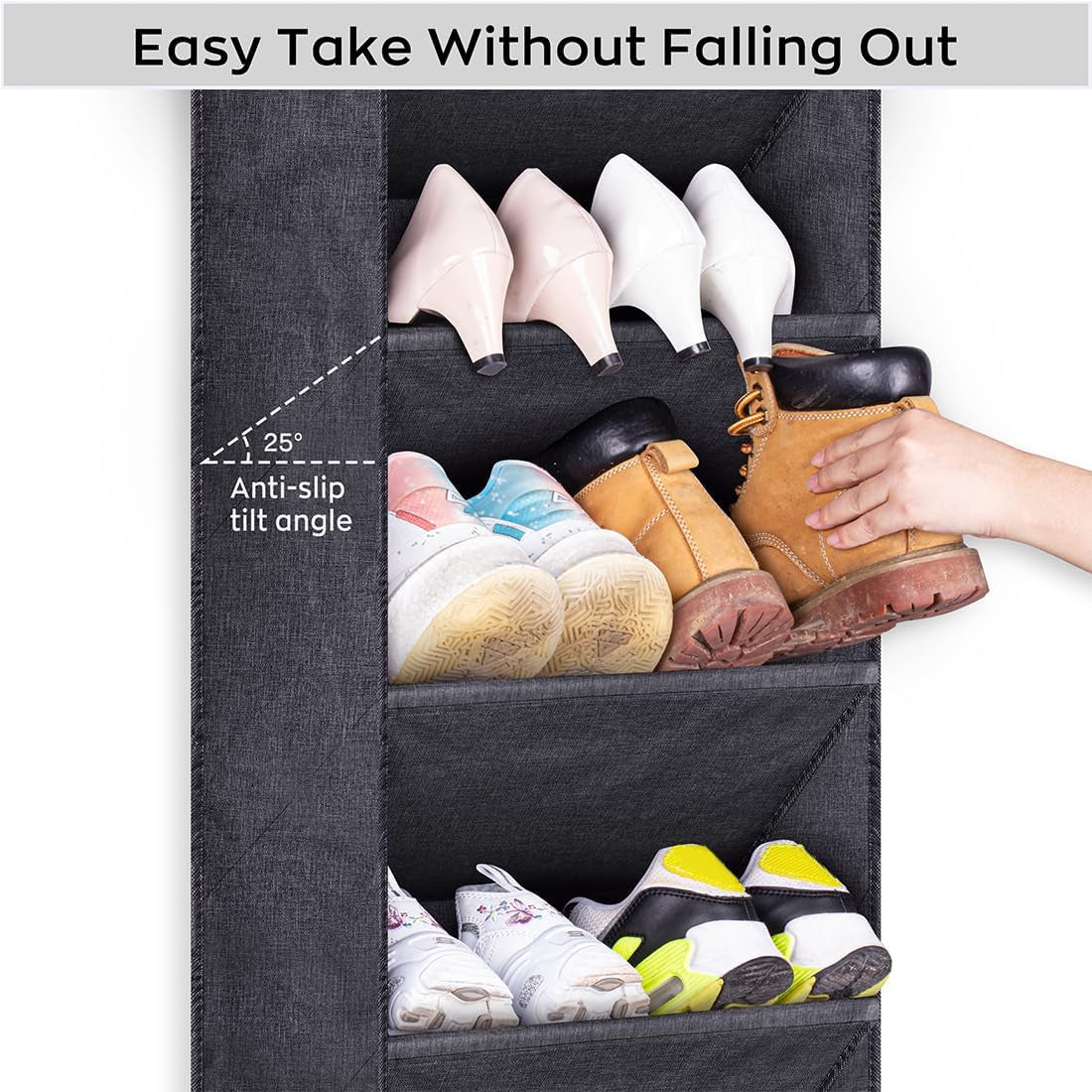 over the Door Shoe Organizer for Closet with Large Deep Pockets, Narrow Shoe Rack for Door Hanging Boots Storage, Black