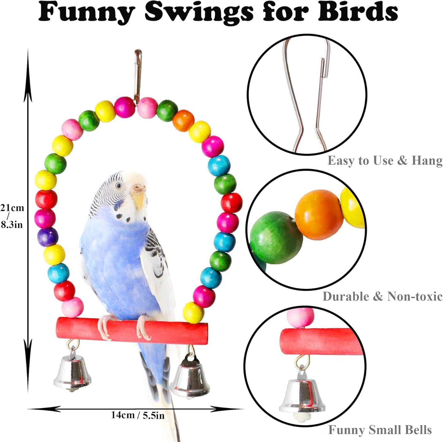 8 Pcs Bird Parrot Toys, Hanging Bell Pet Bird Cage Hammock Swing Toy Wooden Perch Chewing Toy for Large Parrots, Conures, Love Birds, Small Parakeets Cockatiels, Macaws, Finches
