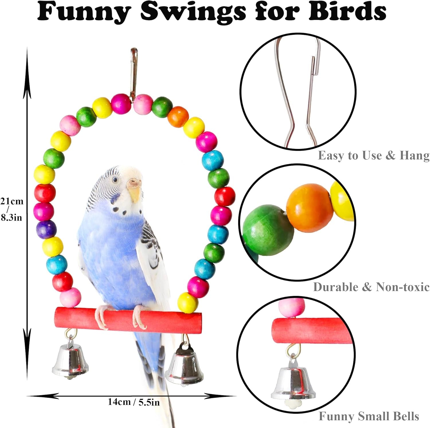 8 Pcs Bird Parrot Toys, Hanging Bell Pet Bird Cage Hammock Swing Toy Wooden Perch Chewing Toy for Large Parrots, Conures, Love Birds, Small Parakeets Cockatiels, Macaws, Finches