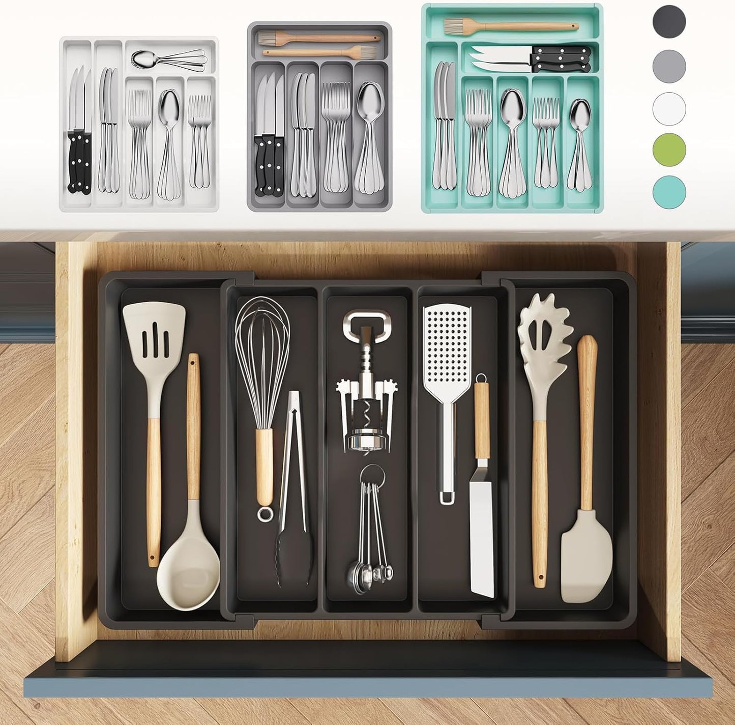 Cutlery Drawer Organiser,Expandable Large Cutlery Tray for Kitchen,Kitchen Storage & Organisation,Utensil Drawer Organiser, Plastic Kitchen Spatula Tools and Gadgets Storage Divider, Black