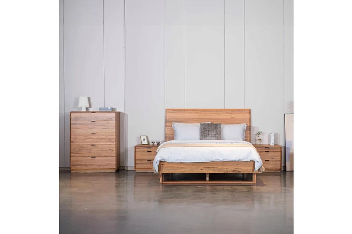 Japandi King Bed Frame Set Bedside Table Tallboy Natural Oak