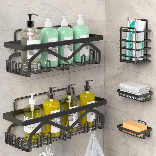 Shower Caddy, Shower Shelves [5-Pack], Adhesive Shower Organizer No Drilling, Large Capacity, Rustproof Stainless Steel Bathroom Shower Organizer, Shower Shelf for inside Shower, Black.