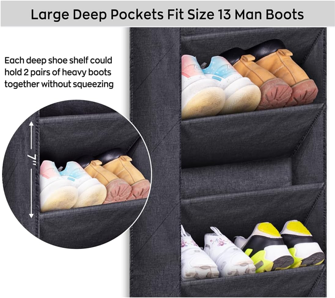 over the Door Shoe Organizer for Closet with Large Deep Pockets, Narrow Shoe Rack for Door Hanging Boots Storage, Black